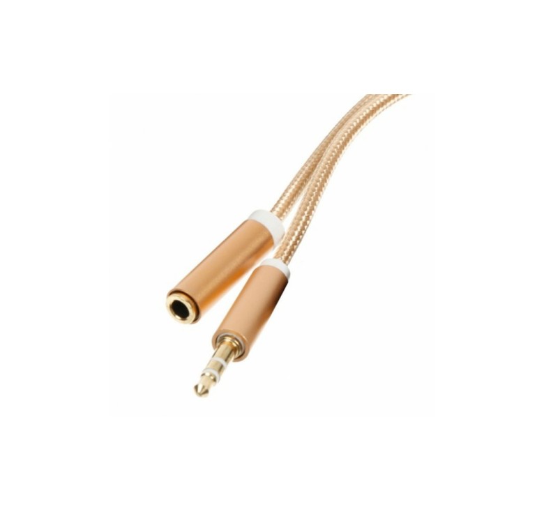 AUX удлинитель для передачи аудио / Mini-jack 3.5 mm. / 2 Pin / Тканевый / 2 метра / Золотой