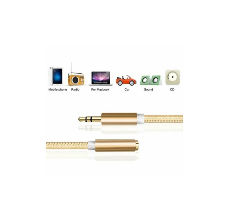 AUX удлинитель для передачи аудио / Mini-jack 3.5 mm. / 2 Pin / Тканевый / 2 метра / Золотой
