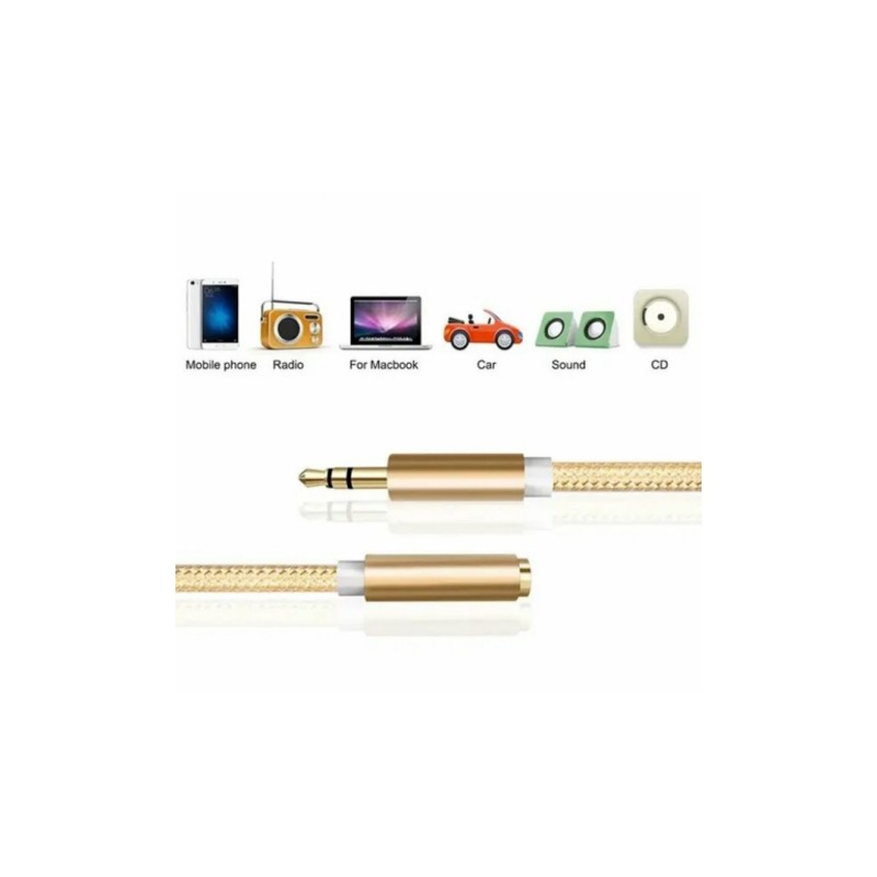 Подовжувач AUX для передачі аудіо / Mini-jack 3.5 mm. / 2 Pin / Тканинний / 2 метри / Золотий