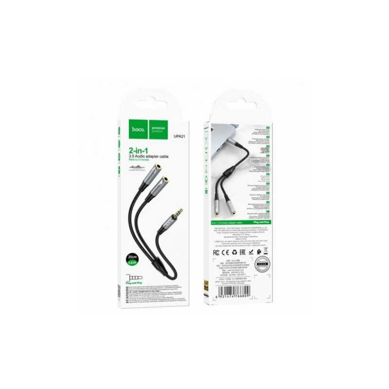 Аудіо-кабель Hoco UPA21 перехідник AUX (роздвоювач) з 3.5 мм. на мікрофон 3,5мм. + Аудіо 3,5 мм. / Чорний
