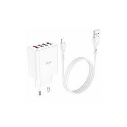 Блок питания hoco. C102A с кабелем (Lightning) для Iphone / 4 USB / 28.5 Ватт / Быстрая зарядка Quick Charge 3