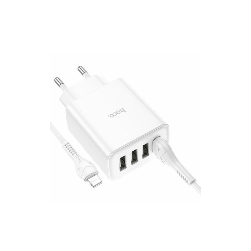 Блок питания hoco. C102A с кабелем (Lightning) для Iphone / 4 USB / 28.5 Ватт / Быстрая зарядка Quick Charge 3