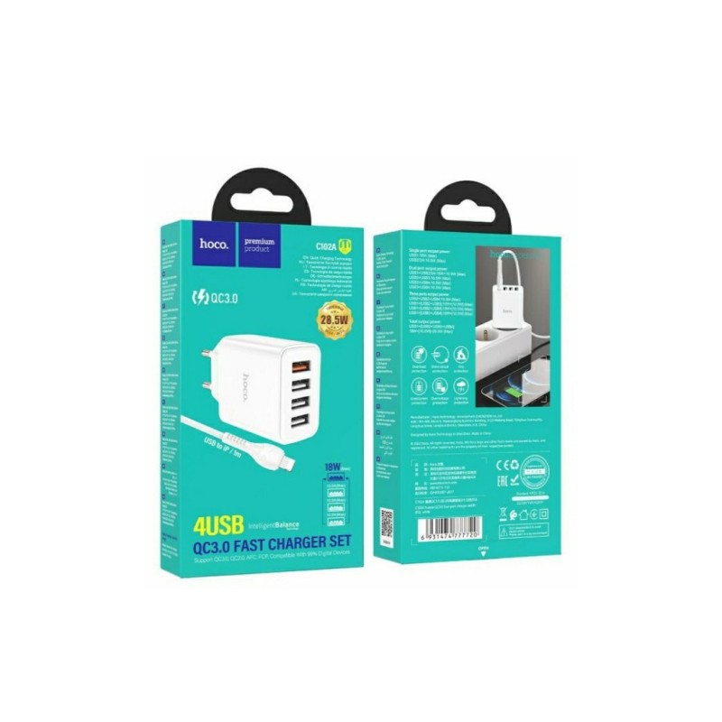 Блок питания hoco. C102A с кабелем (Lightning) для Iphone / 4 USB / 28.5 Ватт / Быстрая зарядка Quick Charge 3