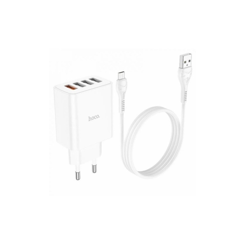 Блок питания hoco. C102A с кабелем Micro-USB / 4 USB / 28.5 Ватт / Быстрая зарядка Quick Charge 3.0 / Белый
