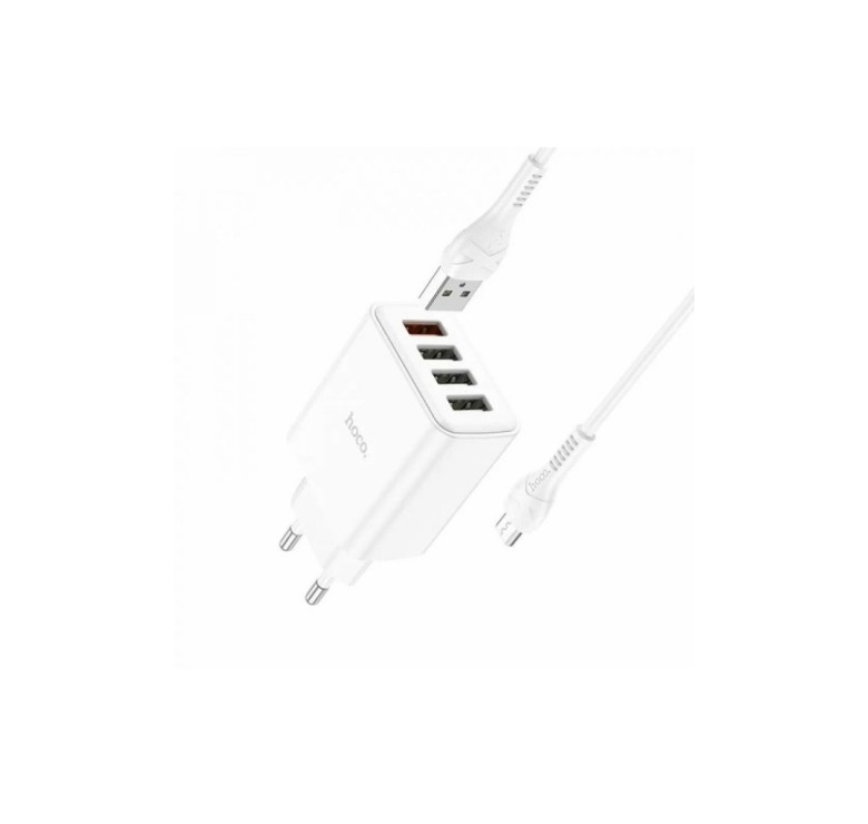 Блок живлення hoco. C102A з кабелем Micro-USB / 4 USB / 28.5 Ватт / Швидка зарядка Quick Charge 3.0 / Білий