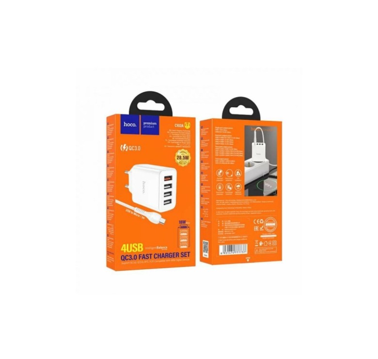 Блок живлення hoco. C102A з кабелем Micro-USB / 4 USB / 28.5 Ватт / Швидка зарядка Quick Charge 3.0 / Білий
