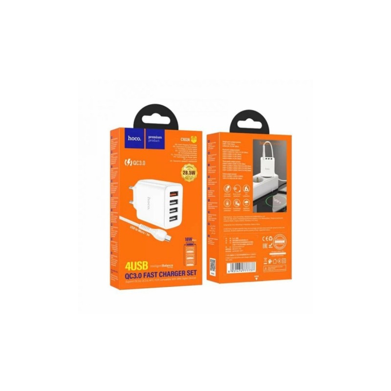 Блок питания hoco. C102A с кабелем Micro-USB / 4 USB / 28.5 Ватт / Быстрая зарядка Quick Charge 3.0 / Белый