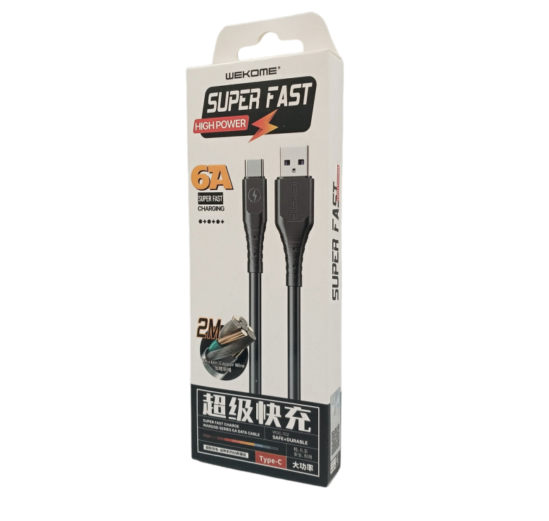 Кабель Wekome WDC-152 / Type-C - USB / Силиконовый / 6 ампер / 2 метра / Черный