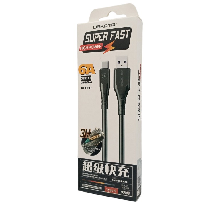 Кабель Wekome WDC-152 / Type-C - USB / Силиконовый / 6 ампер / 3 метра / Черный