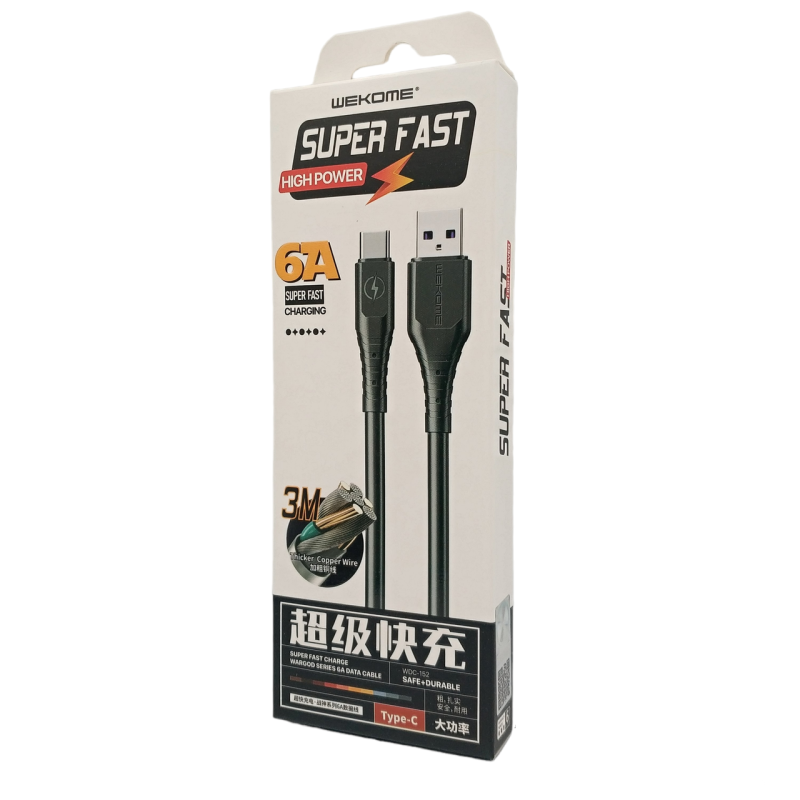 Кабель Wekome WDC-152 / Type-C - USB / Силіконовий / 6 ампер / 3 метри / Чорний