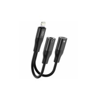 Перехідник XO-NB181B (роздвоювач 2в1) з Lightning (Iphone) на Lightning та аудіо Mini jack 3.5mm. / Чорний