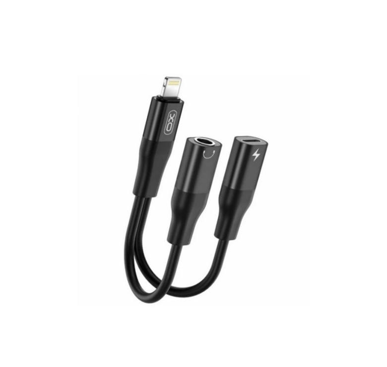 Перехідник XO-NB181B (роздвоювач 2в1) з Lightning (Iphone) на Lightning та аудіо Mini jack 3.5mm. / Чорний