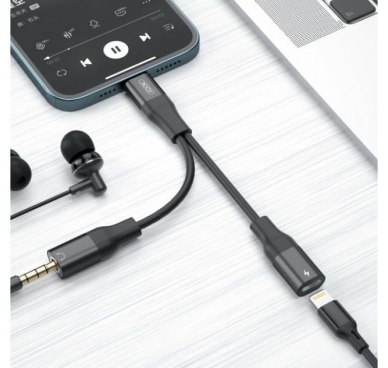 Перехідник XO-NB181B (роздвоювач 2в1) з Lightning (Iphone) на Lightning та аудіо Mini jack 3.5mm. / Чорний