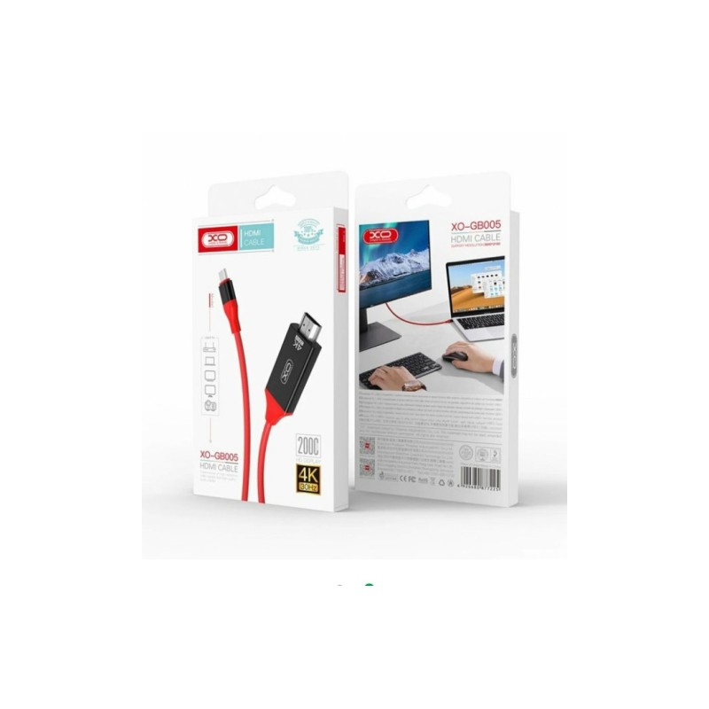 Кабель XO-GB005 / Type-C - HDMI / 4K / 30Hz / 2 метри / Червоний