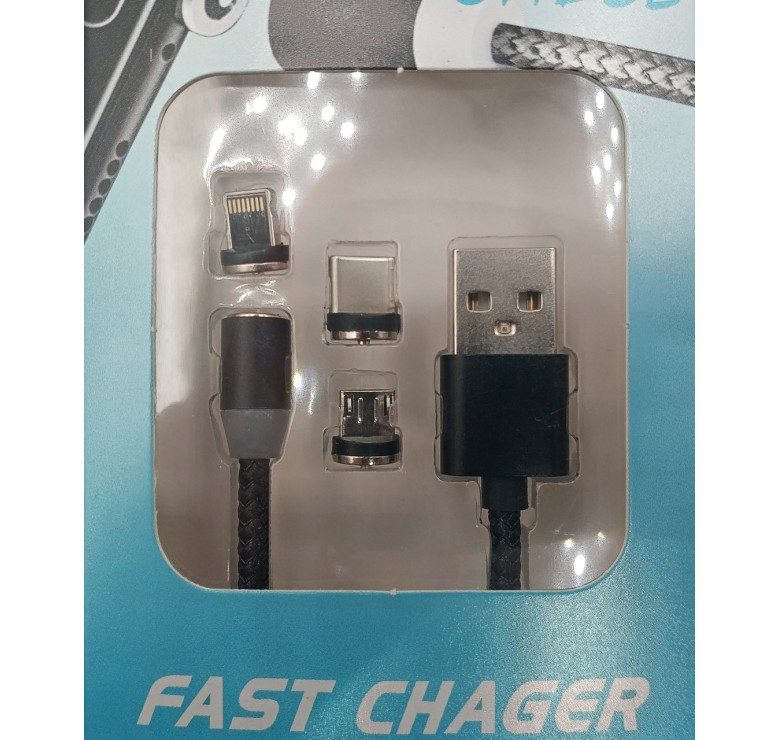 Магнитный кабель M3 3в1 Micro, Type-C, Lightning- USB / Круглый 360 Градусов / 100 см. / Черный