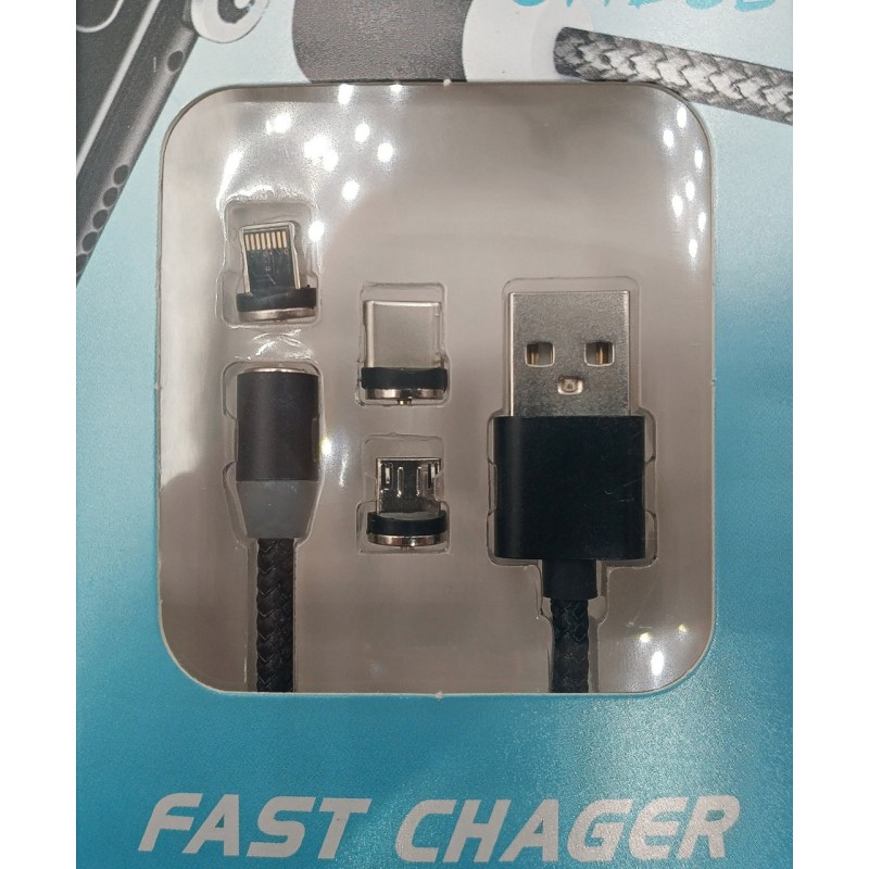 Магнітний кабель M3 3в1 Micro, Type-C, Lightning-USB / Круглий 360 Градусів / 100 см. / Чорний