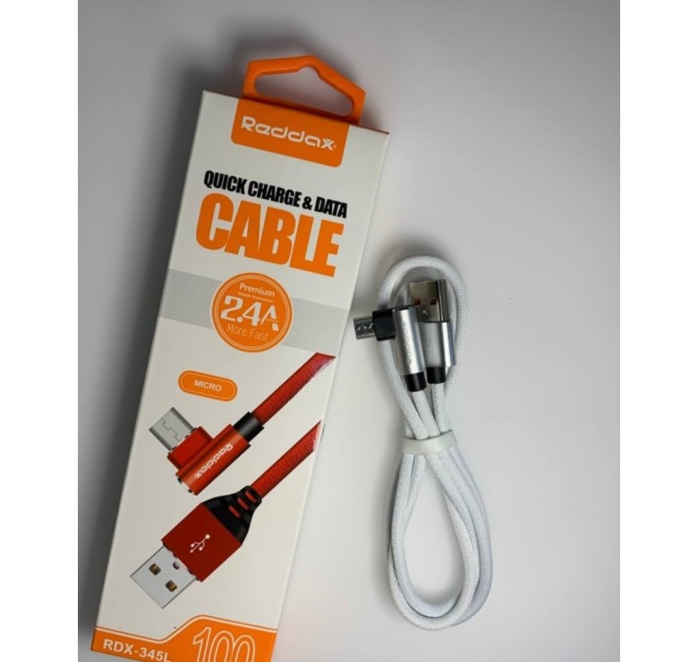 Кутовий кабель Micro – USB Reddax 345-L+L для смартфонів / 1 метр / до 2.4 Ампера / Білий