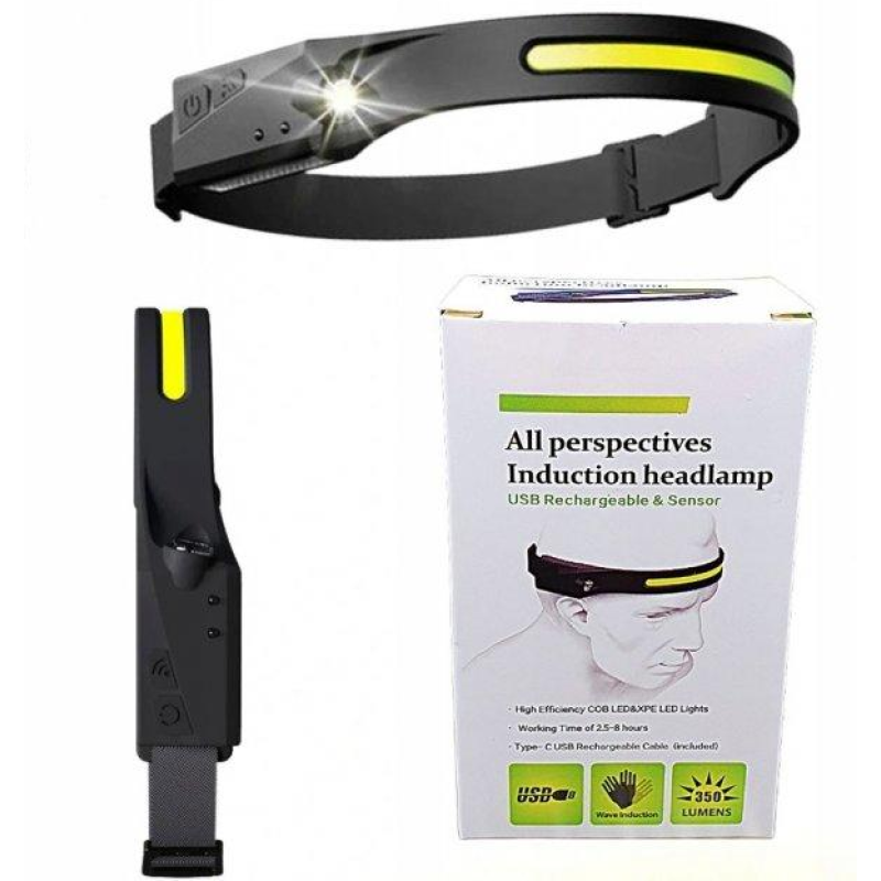 Налобный фонарь LED+COB с датчиком движения / Type-C USB / Черный