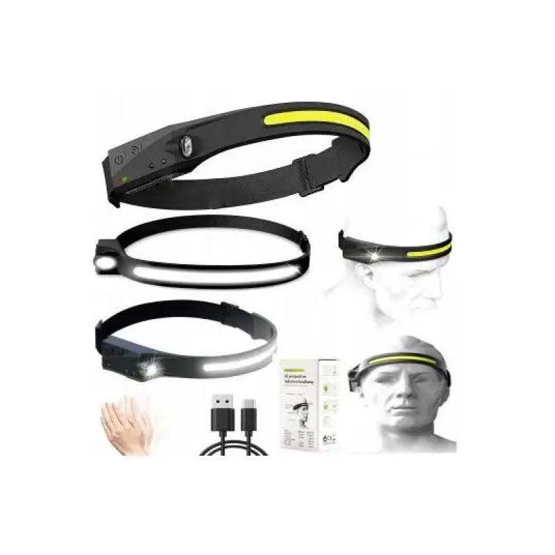 Налобный фонарь LED+COB с датчиком движения / Type-C USB / Черный