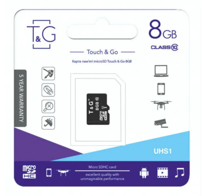 Карта пам'яті "T&G" Micro SDHC 8 гб 10 Class / Чорний