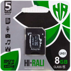 Карта пам'яті "Hi-Rali" microSDHC 8 гігабайт +АДАПТЕР / 10 Class / Чорний