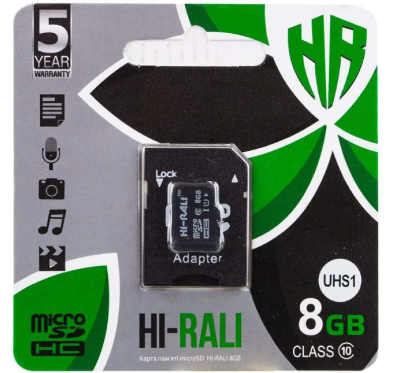 Карта пам'яті "Hi-Rali" microSDHC 8 гігабайт +АДАПТЕР / 10 Class / Чорний