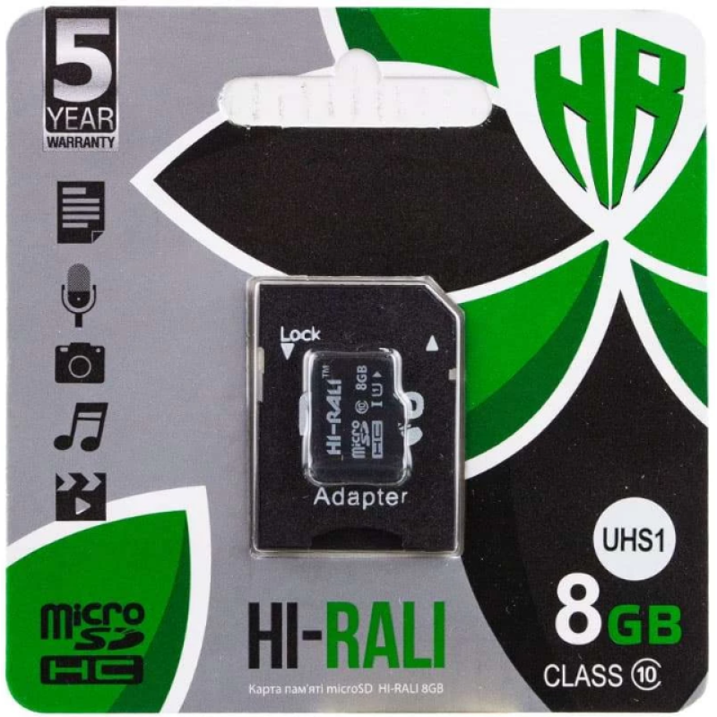 Карта пам'яті "Hi-Rali" microSDHC 8 гігабайт +АДАПТЕР / 10 Class / Чорний
