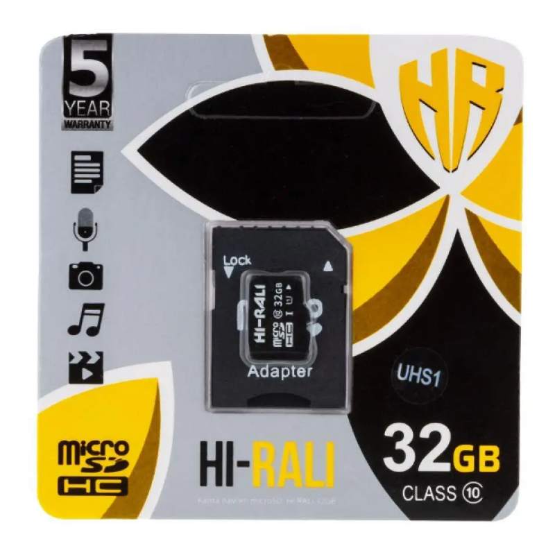 Карта пам'яті "Hi-Rali" microSDHC 32 гігабайт +АДАПТЕР / 10 Class / Чорний