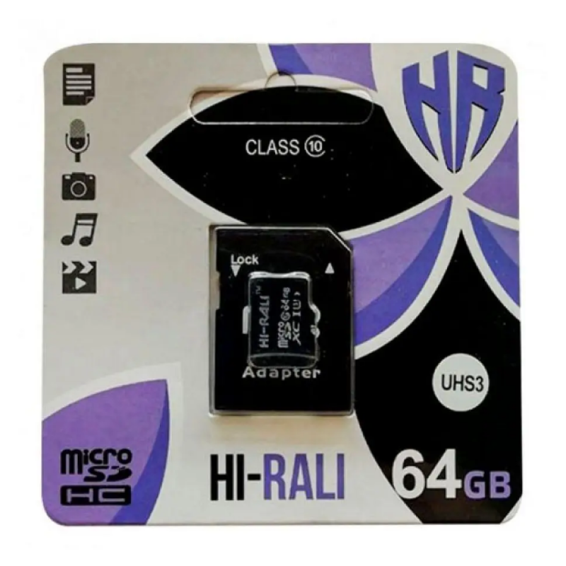 Карта пам'яті "Hi-Rali" microSDHC 64 гігабайт +АДАПТЕР / UHS-1 / Чорний