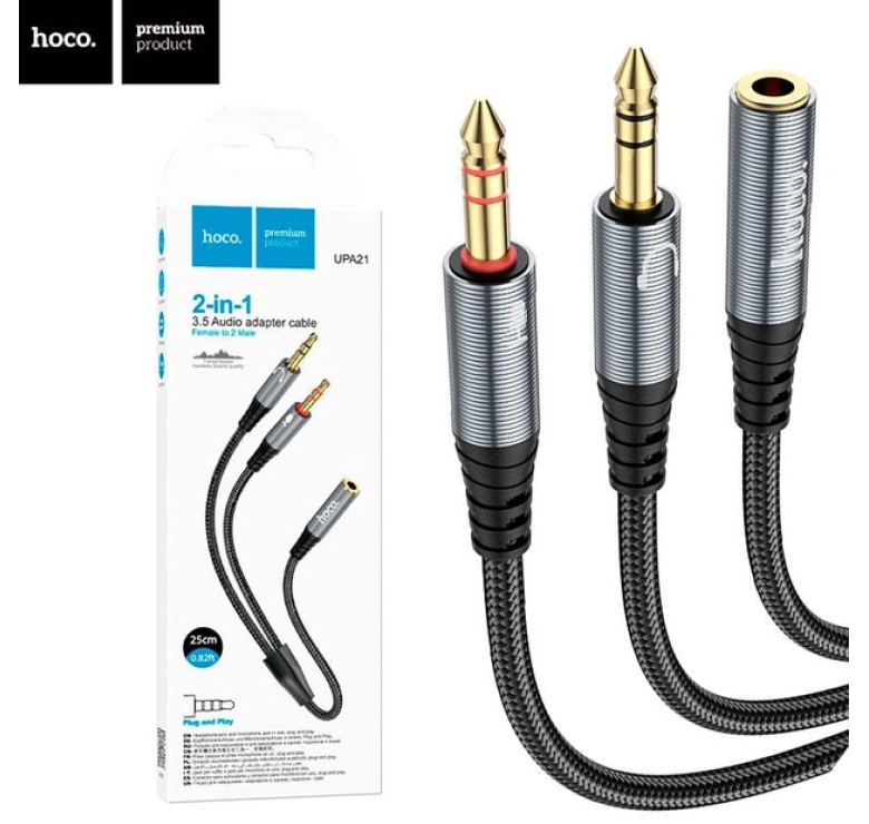 Кабель Hoco UPA21 перехідник AUX (роздвоювач) Jack 3.5 - Jack 3.5 plug + Jack 3.5 plug / Чорний