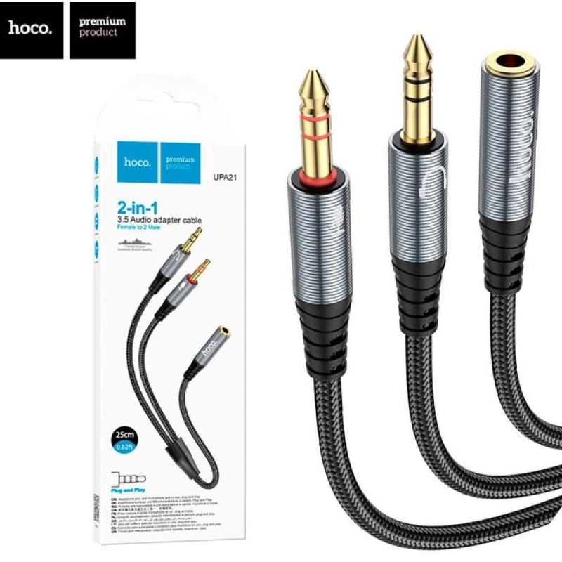Кабель Hoco UPA21 перехідник AUX (роздвоювач) Jack 3.5 - Jack 3.5 plug + Jack 3.5 plug / Чорний