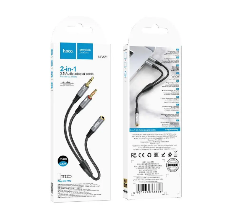 Кабель Hoco UPA21 перехідник AUX (роздвоювач) Jack 3.5 - Jack 3.5 plug + Jack 3.5 plug / Чорний