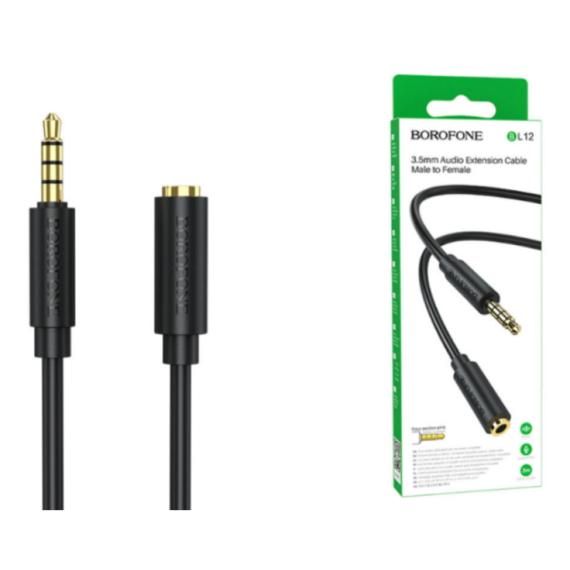 Аудио кабель удлинитель Borofone BL12 / 3.5мм штекер на 3.5мм гнездо/ 2 метра / Черный