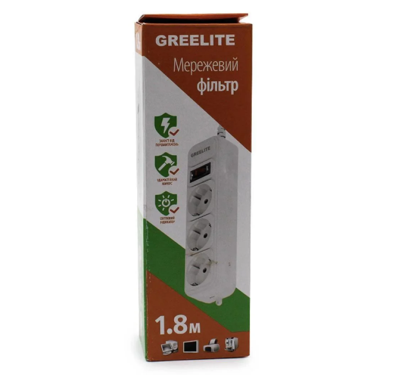 Удлинитель / Cетевой фильтр Greelite на 3 розетки / 1.8 метров кабель/ Черный