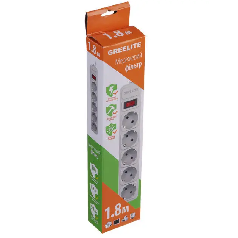 Подовжувач / Мережевий фільтр Greelite на 5 розеток/ 1.8 метрів кабель/ Білий