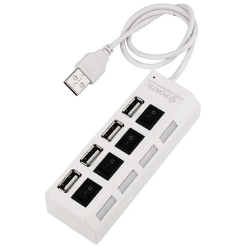USB хаб Hi-Speed / USB 2.0 / 4 порти USB / З перемикачами / 40 см. / Білий