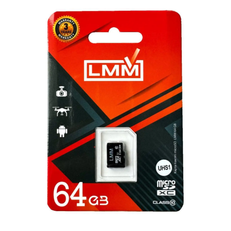 Карта пам'яті "LMM" microSDHC 64 гігабайт / UHS-1 / Чорний