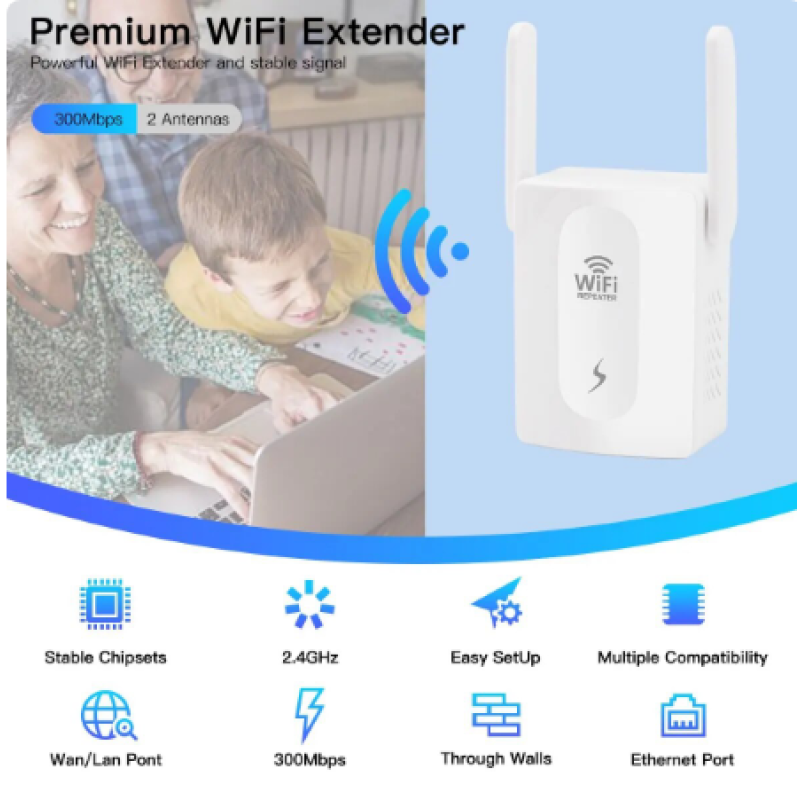 Репитер Wireless / Wi-Fi Усилитель 300 Мбит / Беспроводной Wi-Fi репитер с двумя антеннами / Белий