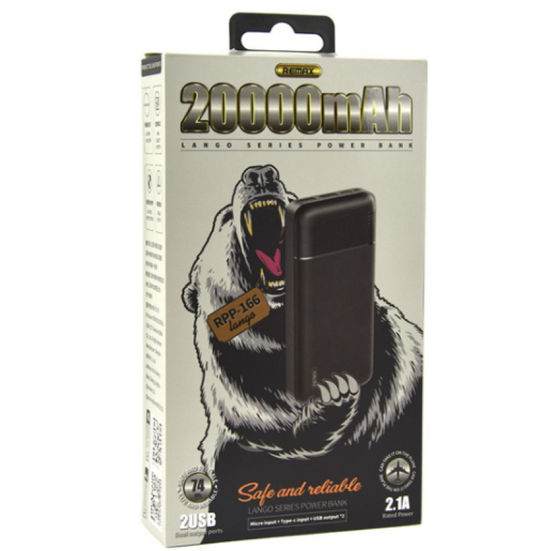 Зарядний Power Bank Remax RPP-166 Lango / 2.1A / 20000 mAh / Чорний