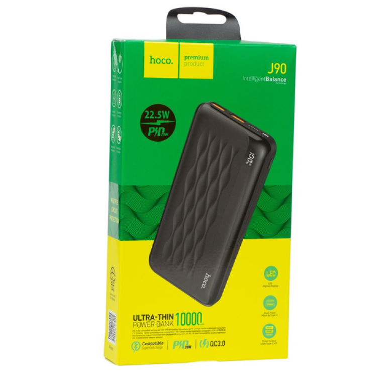 Зарядний Power Bank Hoco J90 22.5W+PD20W / Швидка зарядка / 10000 mAh / Чорний