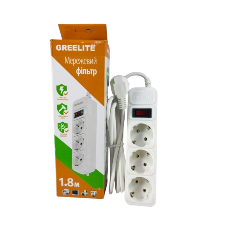 Подовжувач / Мережний фільтр Greelite на 3 розетки / 1.8 метрів кабель/ Білий