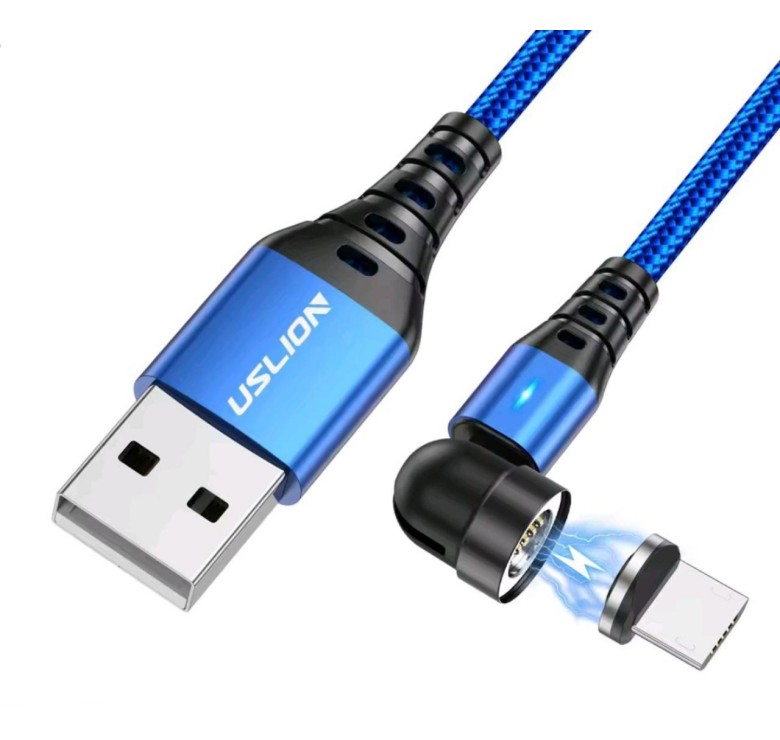 Магнитный кабель USLION Micro - USB / 2 в 1 (Быстрая зарядка 5A) / Круглый, 30см. / Синий
