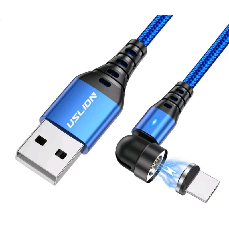 Магнитный кабель USLION Micro - USB / 2 в 1 (Быстрая зарядка 5A) / Круглый, 30см. / Синий