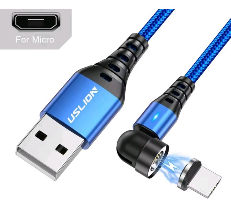Магнитный кабель USLION Micro - USB / 2 в 1 (Быстрая зарядка 5A) / Круглый, 30см. / Синий