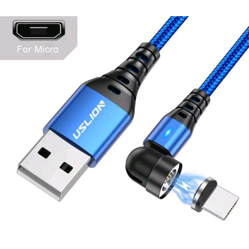 Магнитный кабель USLION Micro - USB / 2 в 1 (Быстрая зарядка 5A) / Круглый, 30см. / Синий