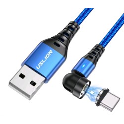 Магнітний кабель USLION Type-c - USB/2 в 1 (Швидка зарядка 5A) / Круглий, 30см. / Синій
