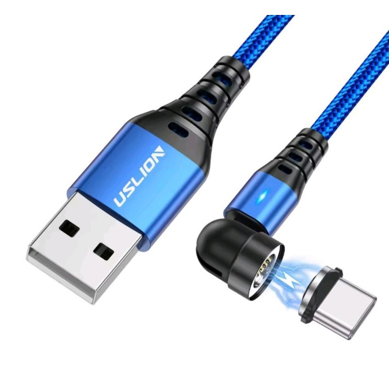 Магнітний кабель USLION Type-c - USB / 2 в 1 (Швидка зарядка 5A) / Круглий, 30 см / Синій
