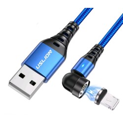 Магнітний кабель USLION Lightning - USB для Iphone/2 в 1 (Швидка зарядка 5A) / Круглий, 30см. / Синій