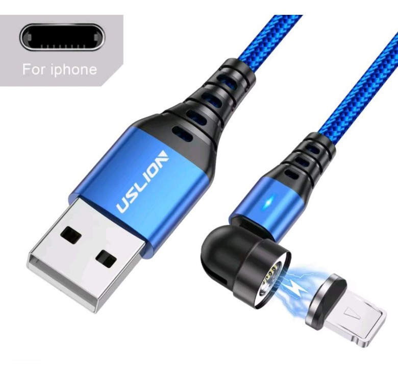 Магнітний кабель USLION Lightning - USB для Iphone / 2 в 1 (Швидка зарядка 5A) / Круглий, 30 см / Синій