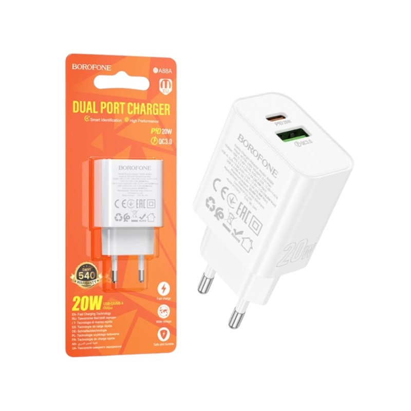 Блок живлення Borofone A88A \ Швидка зарядка 3.0 USB (18W) + Type C (PD 20W) \ Білий